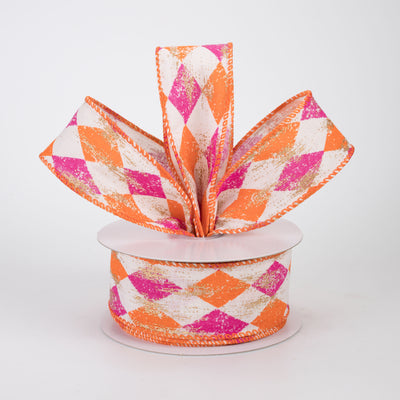 1.5" Canvas Harlequin Gold Painted Ribbon: Cream, Fuchsia & Orange (10 Yards)