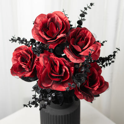 20" Rose & Eucalyptus Bush: Red & Black (12 Stem)