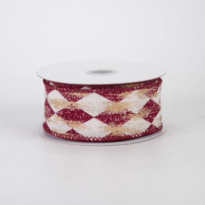 1.5" Canvas Harlequin Gold Painted Ribbon: Cream & Burgundy (10 Yards)