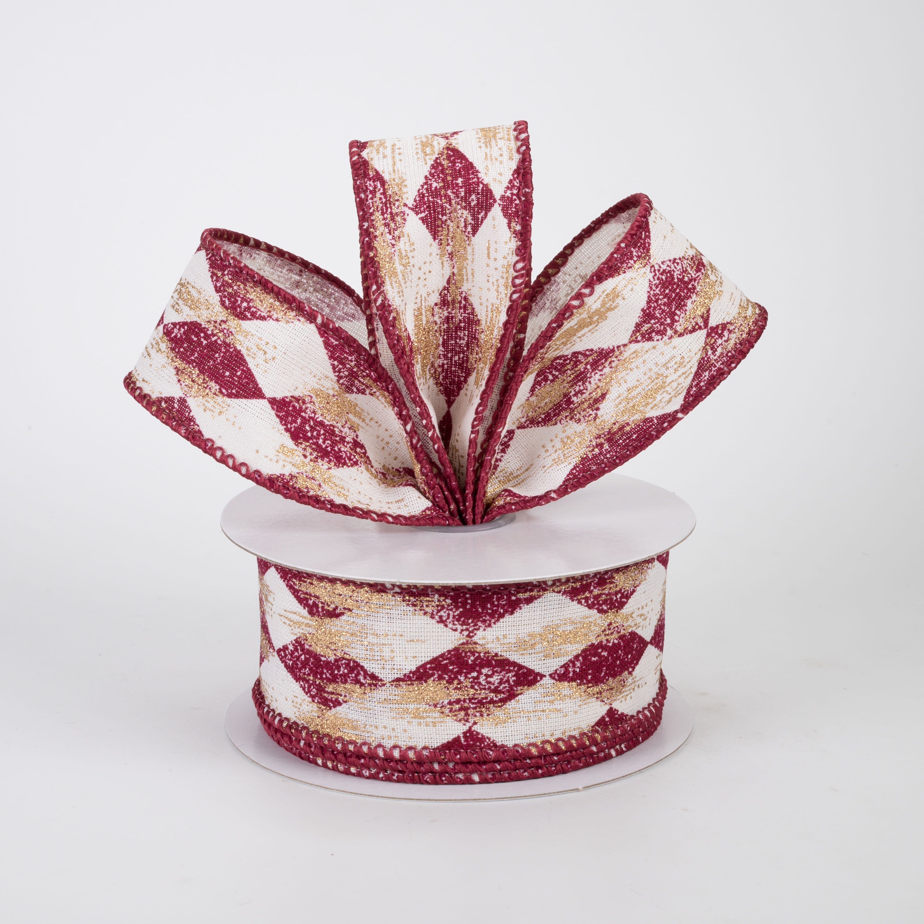 1.5" Canvas Harlequin Gold Painted Ribbon: Cream & Burgundy (10 Yards)