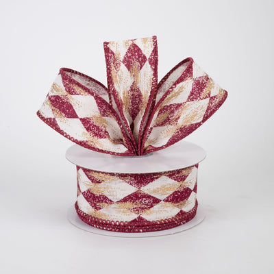 1.5" Canvas Harlequin Gold Painted Ribbon: Cream & Burgundy (10 Yards)