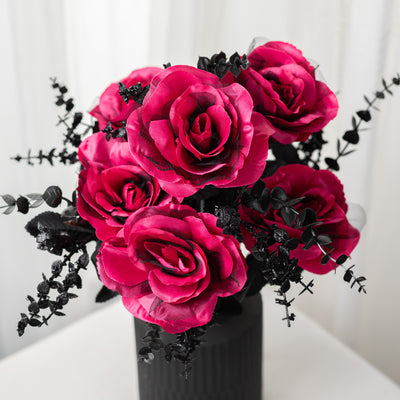 20" Rose & Eucalyptus Bush: Hot Pink & Black (12 Stem)
