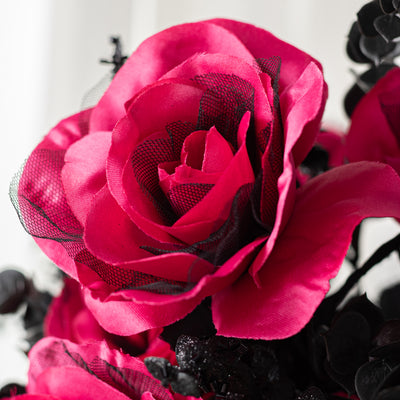 20" Rose & Eucalyptus Bush: Hot Pink & Black (12 Stem)