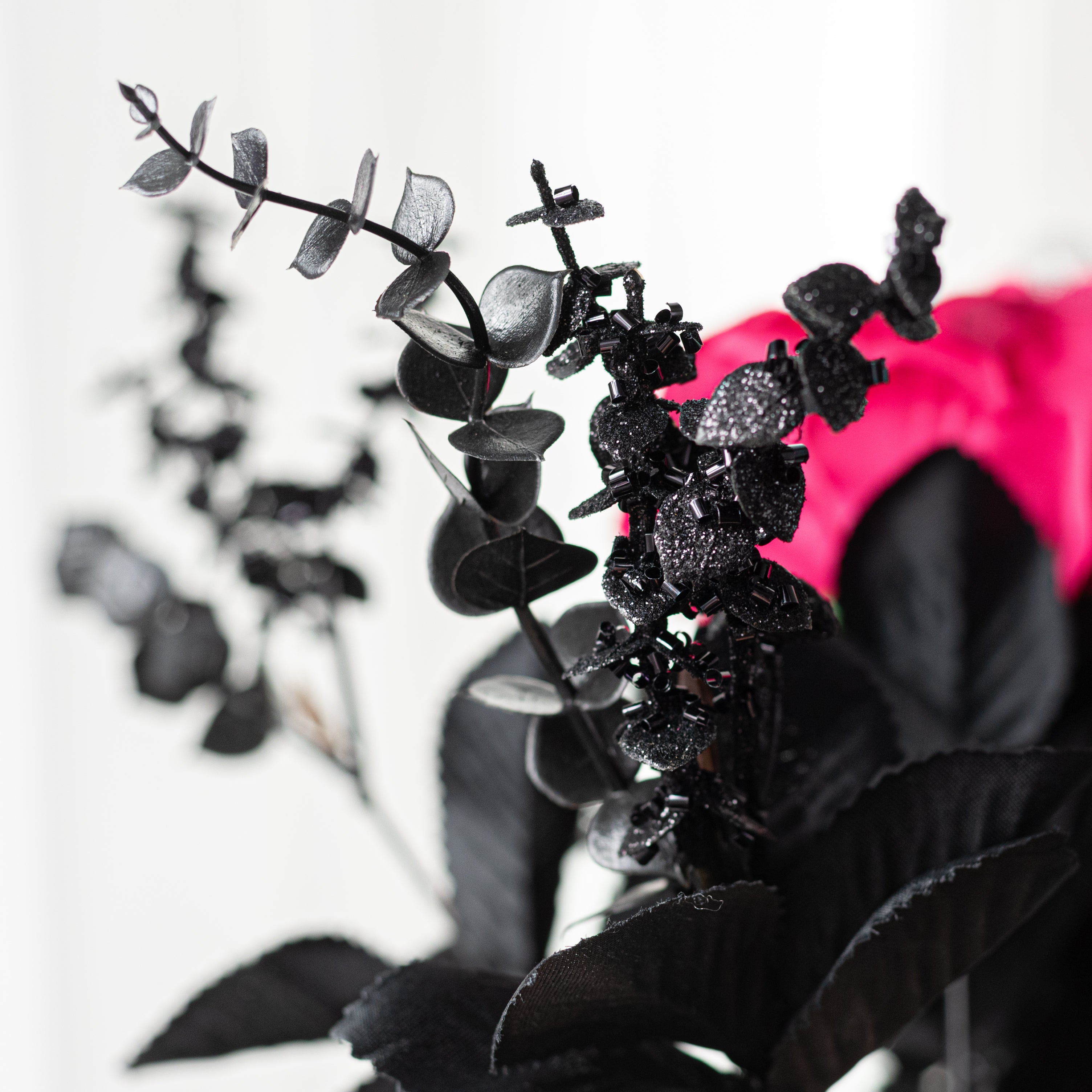 20" Rose & Eucalyptus Bush: Hot Pink & Black (12 Stem)