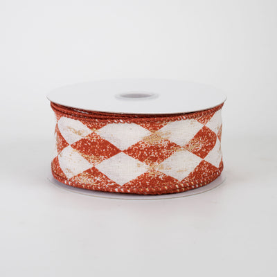 1.5" Canvas Harlequin Gold Painted Ribbon: Cream & Rust Orange (10 Yards)