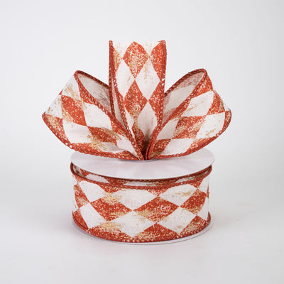 1.5" Canvas Harlequin Gold Painted Ribbon: Cream & Rust Orange (10 Yards)