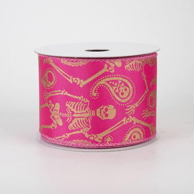 2.5" Skull & Bones Paisley Ribbon: Gold on Fuchsia Pink (10 Yards)