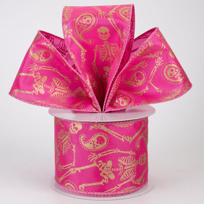 2.5" Skull & Bones Paisley Ribbon: Gold on Fuchsia Pink (10 Yards)