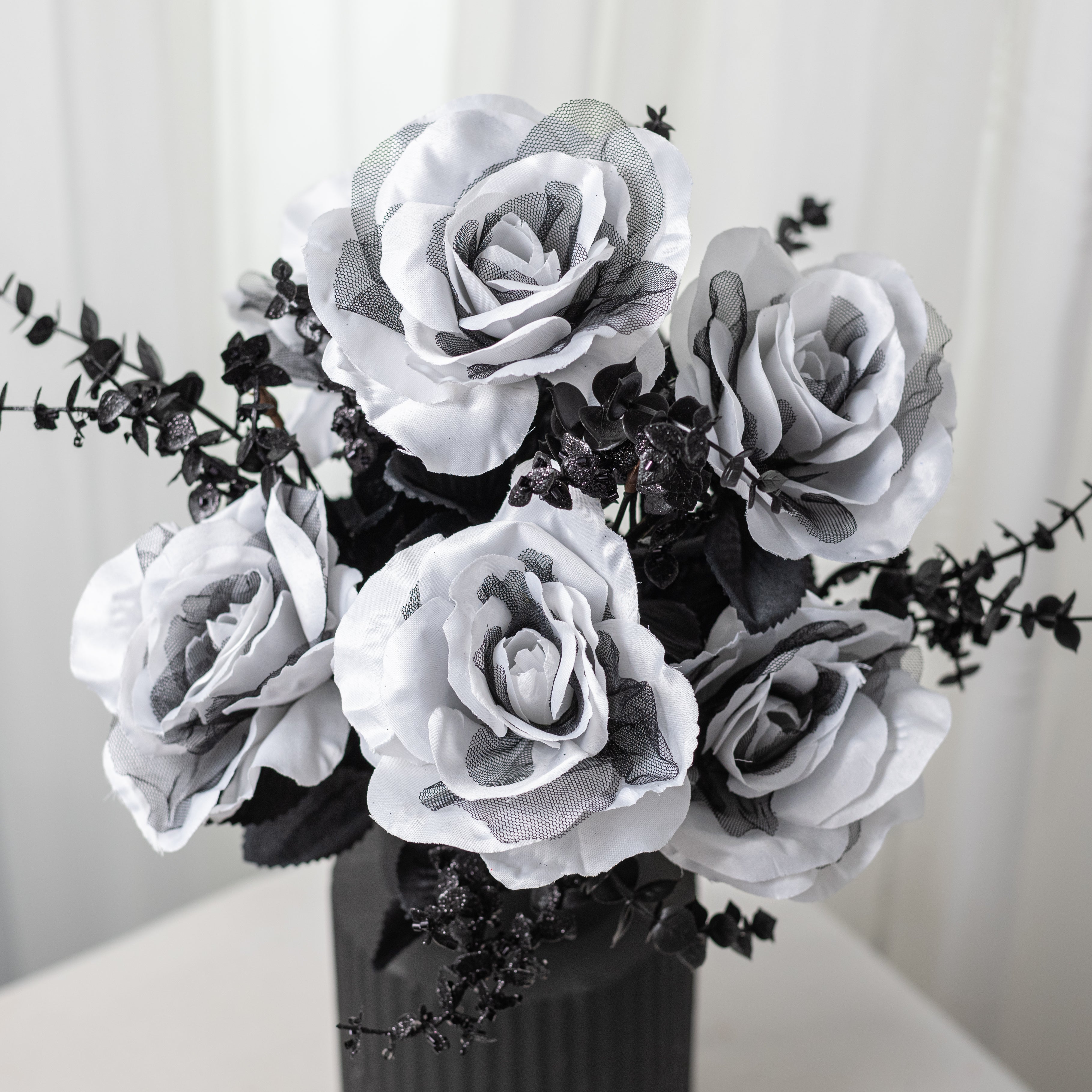 20" Rose & Eucalyptus Bush: White & Black (12 Stem)
