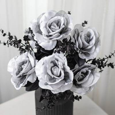 20" Rose & Eucalyptus Bush: White & Black (12 Stem)
