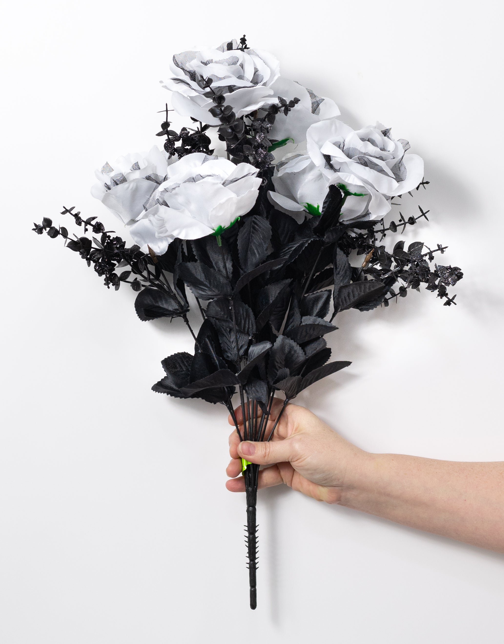 20" Rose & Eucalyptus Bush: White & Black (12 Stem)