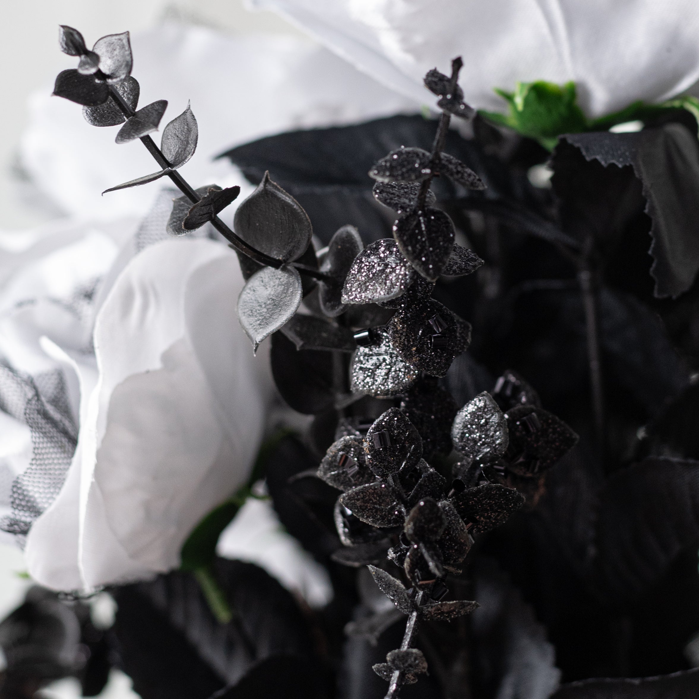 20" Rose & Eucalyptus Bush: White & Black (12 Stem)