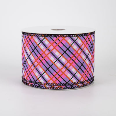 2.5" Busy Diagonal Plaid Ribbon: Pink, Lavender & Orange (10 Yards)