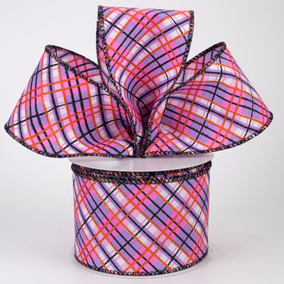 2.5" Busy Diagonal Plaid Ribbon: Pink, Lavender & Orange (10 Yards)