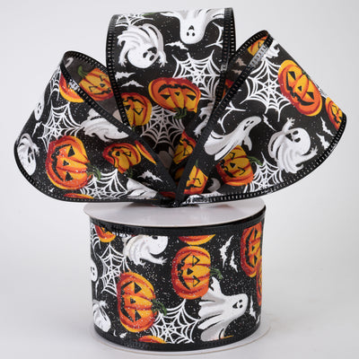2.5" Glittered Ghosts & Pumpkins Ribbon: Black (10 Yards)