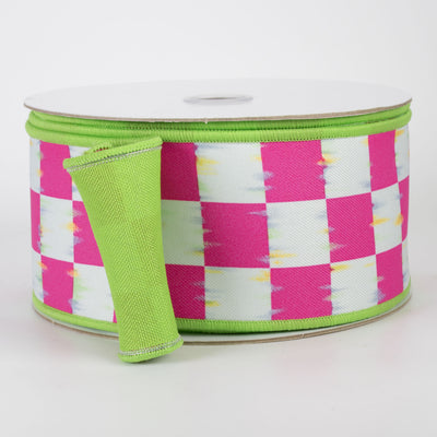 2.5" Double Sided Fused Bold Antique Checkerboard Ribbon: Hot Pink & Fresh Green (10 Yards)