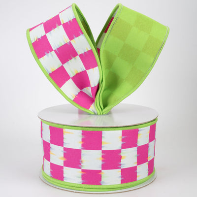 2.5" Double Sided Fused Bold Antique Checkerboard Ribbon: Hot Pink & Fresh Green (10 Yards)
