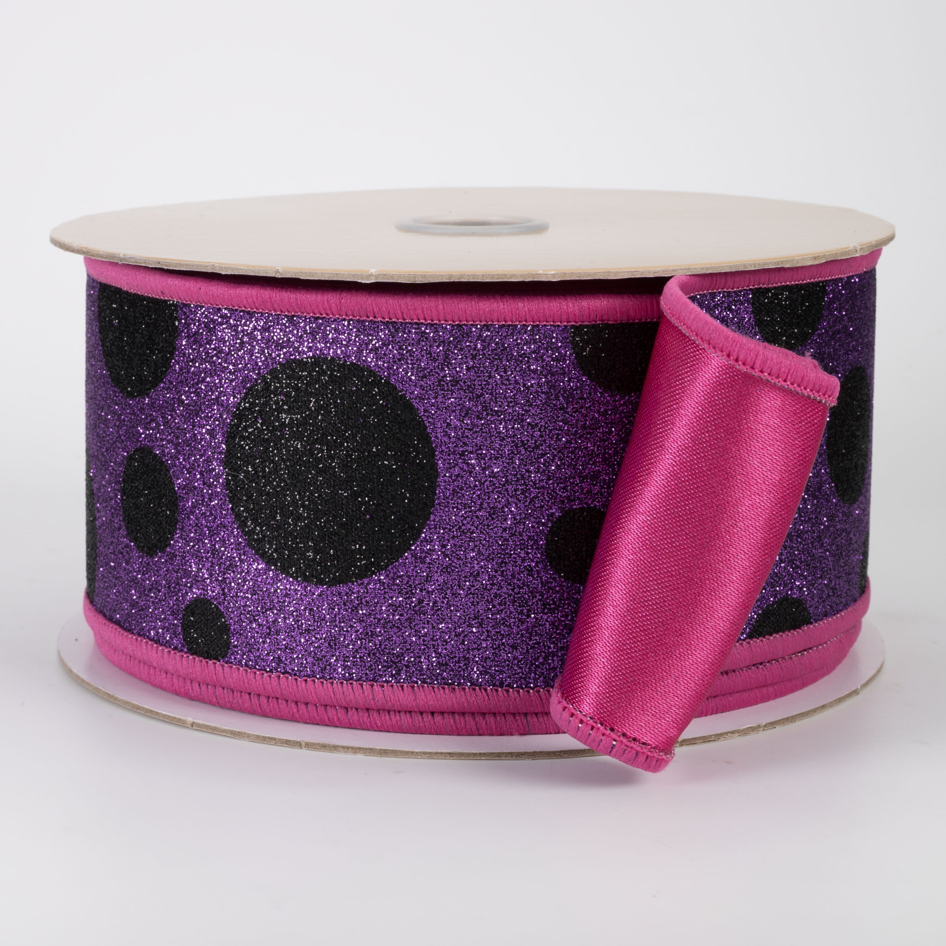 2.5" Double Sided Fused Giant Polka Dot Ribbon: Purple, Black, Hot Pink (10 Yards)