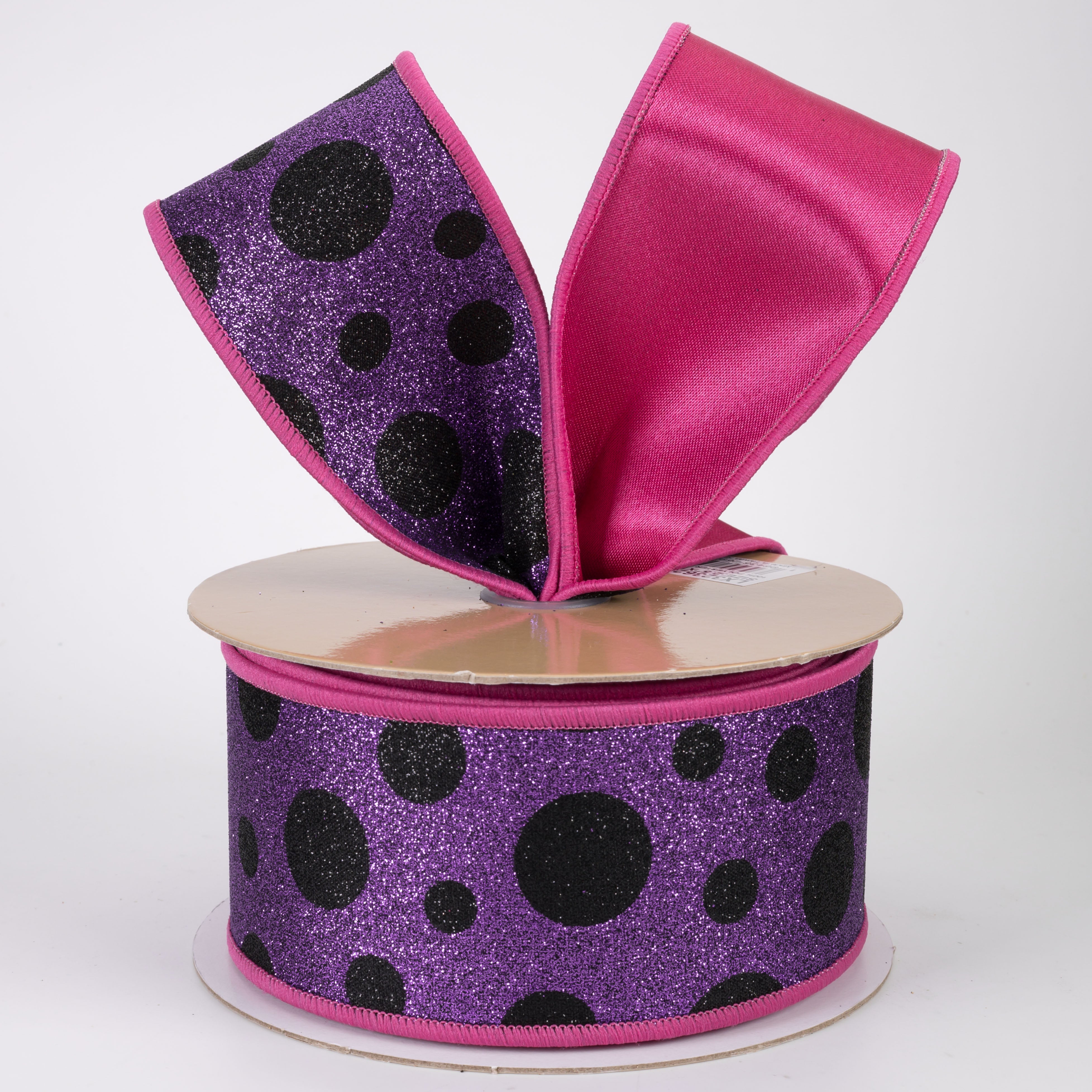 2.5" Double Sided Fused Giant Polka Dot Ribbon: Purple, Black, Hot Pink (10 Yards)
