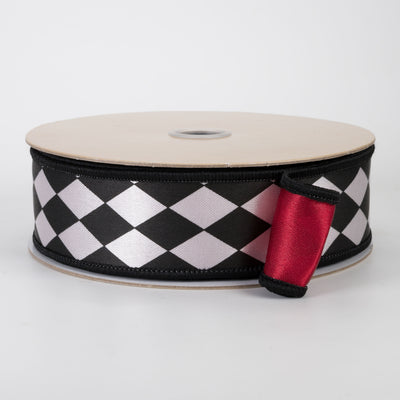 1.5" Double Sided Fused Harlequin Ribbon: Red, Black & White (10 Yards)