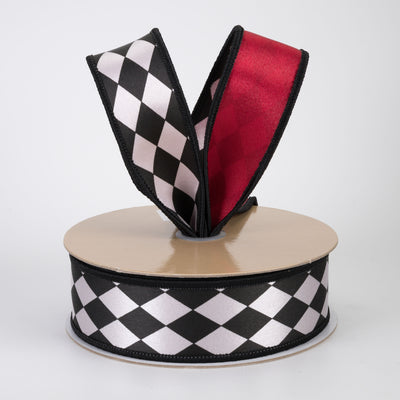 1.5" Double Sided Fused Harlequin Ribbon: Red, Black & White (10 Yards)