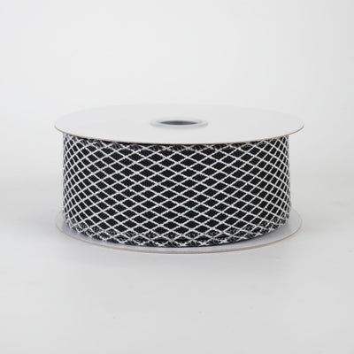 1.5" Mini Glitter Harlequin Ribbon: White on Black (10 Yards)