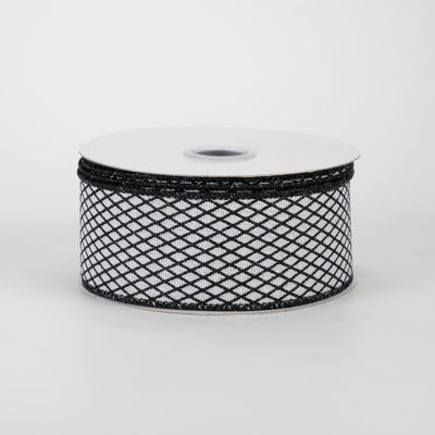 1.5" Mini Glitter Harlequin Ribbon: Black on White (10 Yards)