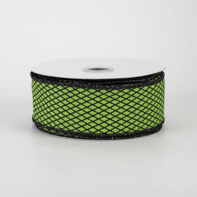 1.5" Mini Glitter Harlequin Ribbon: Black on Green (10 Yards)