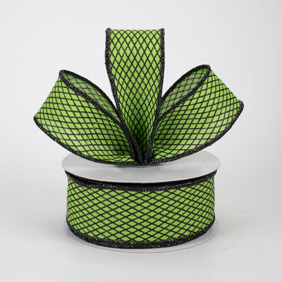 1.5" Mini Glitter Harlequin Ribbon: Black on Green (10 Yards)