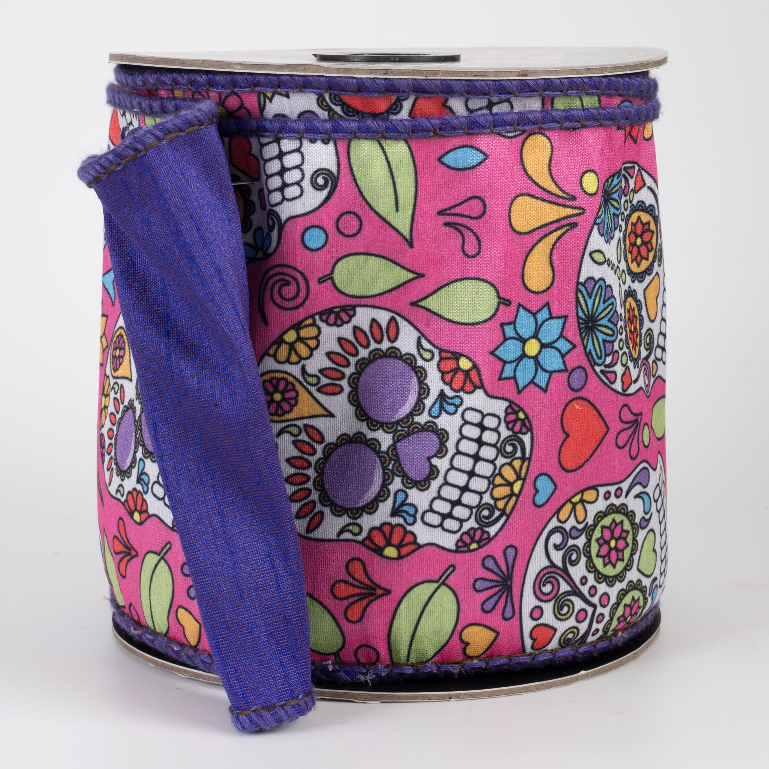 [D Stevens] 4" Faux Dupioni Sugar Skulls Ribbon: Hot Pink (10 Yards)