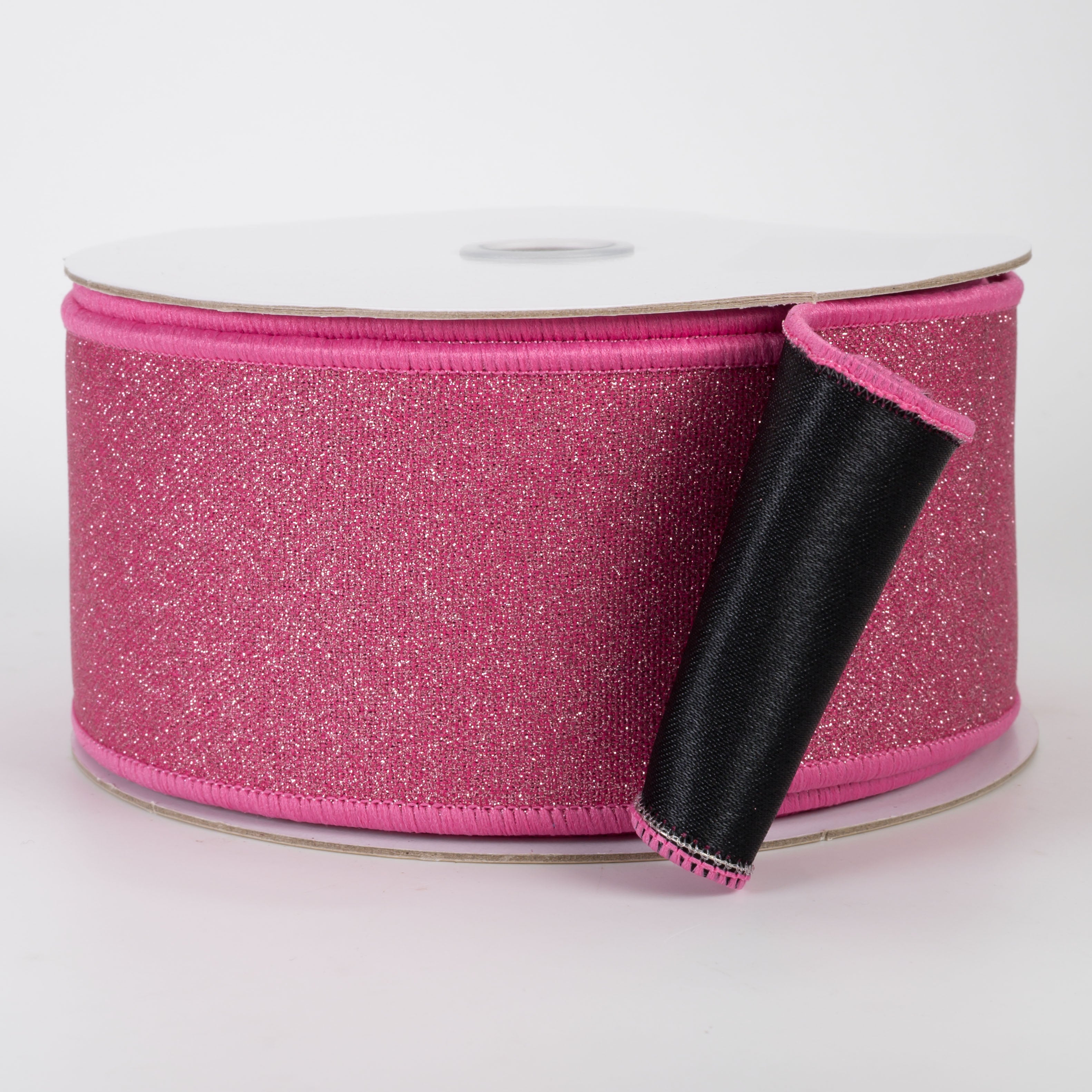 2.5" Double Sided Fused Fine Glitter Ribbon: Fuchsia Pink & Black (10 Yards)