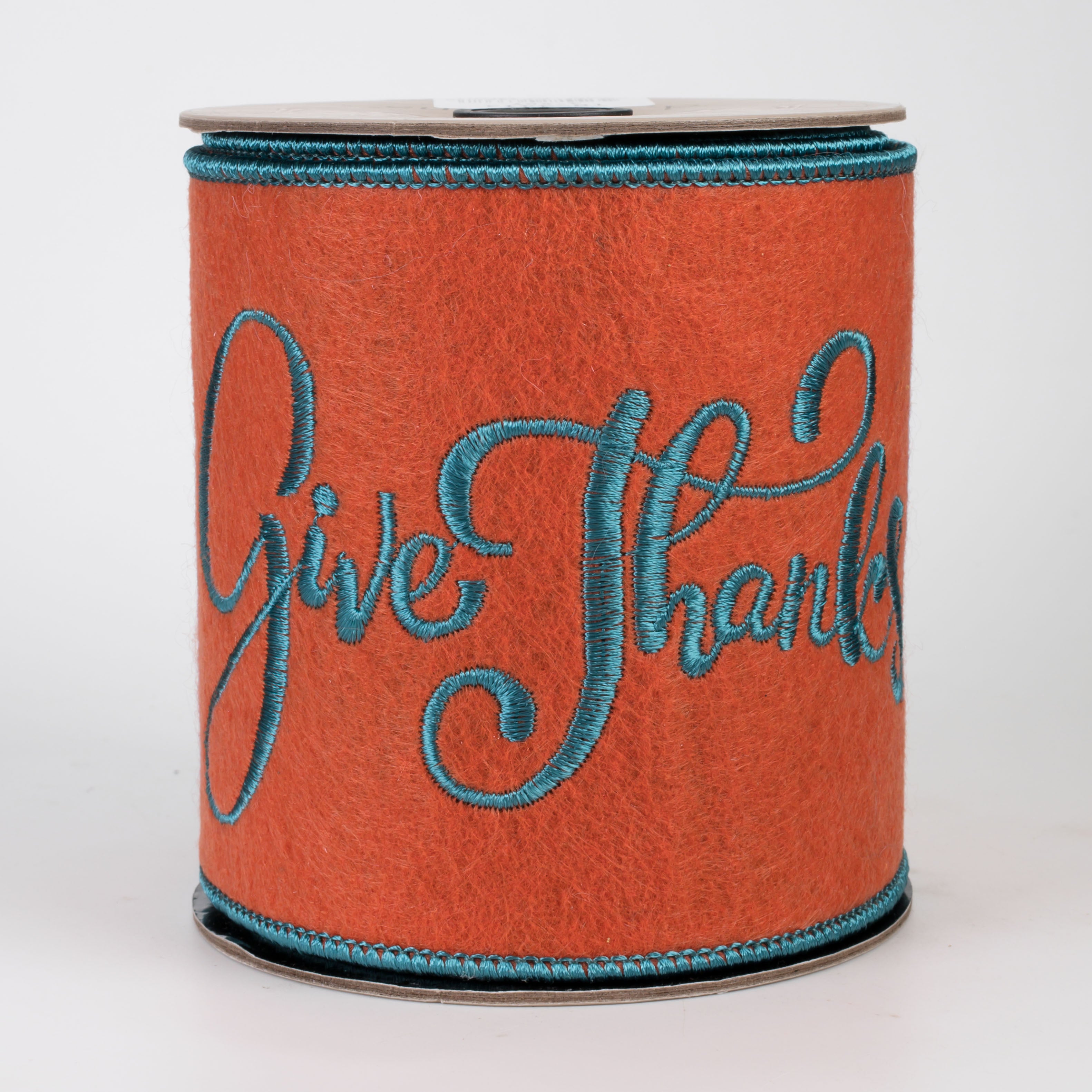 [D Stevens] 4" Embroidered Felt Give Thanks Ribbon: Teal & Orange (5 Yards)