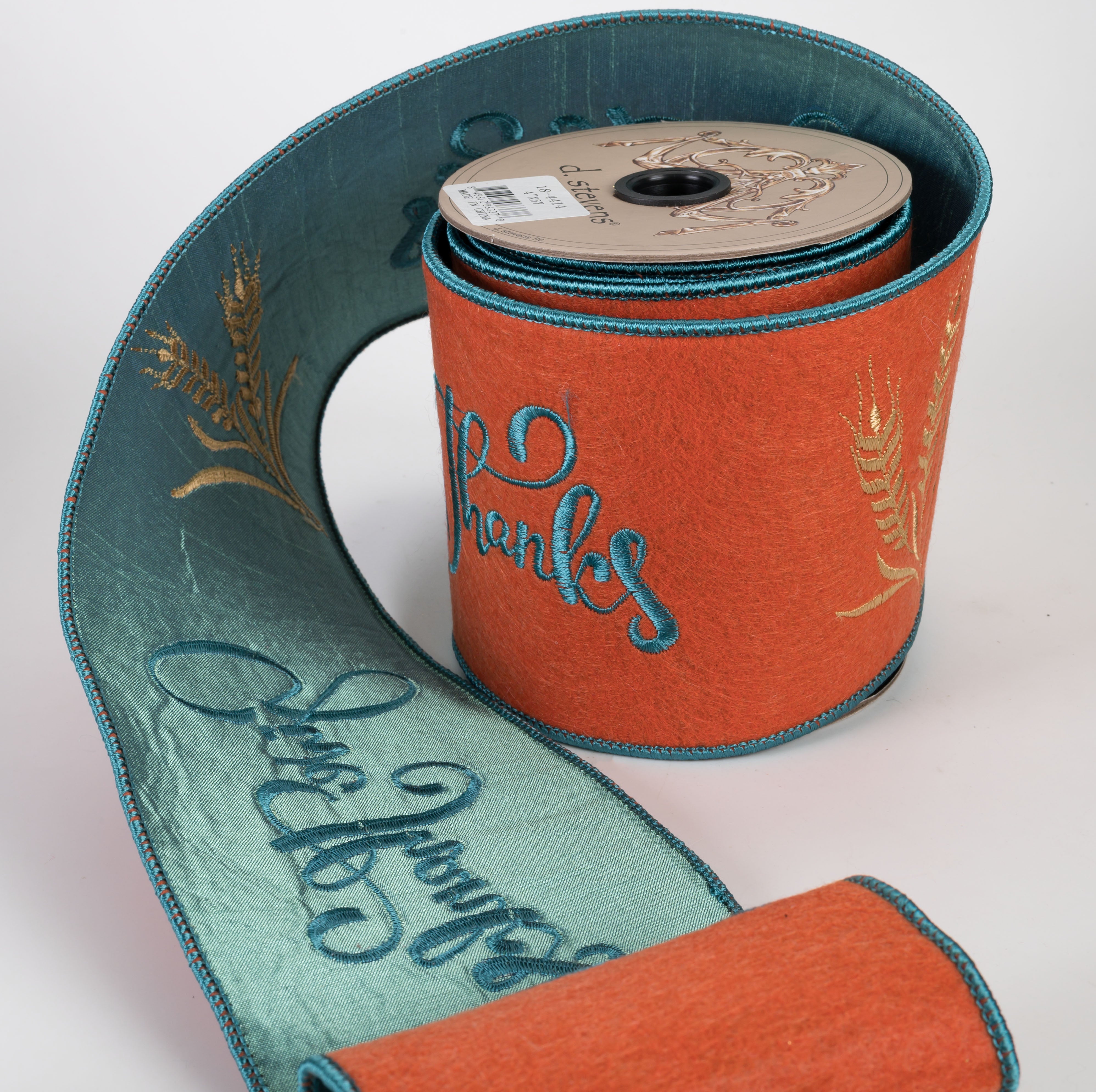 [D Stevens] 4" Embroidered Felt Give Thanks Ribbon: Teal & Orange (5 Yards)
