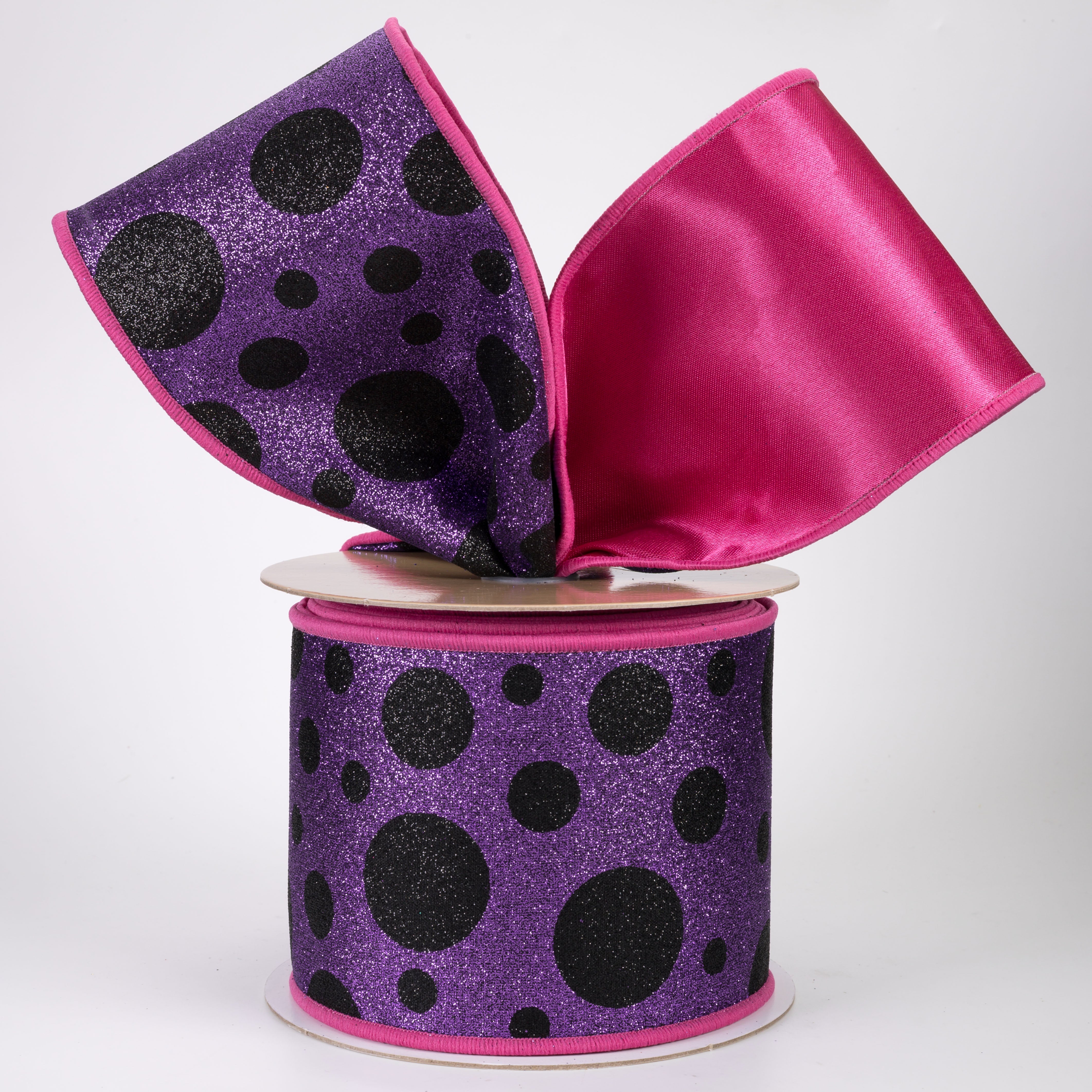 4" Double Sided Fused Giant Polka Dot Ribbon: Purple, Black, Hot Pink (10 Yards)