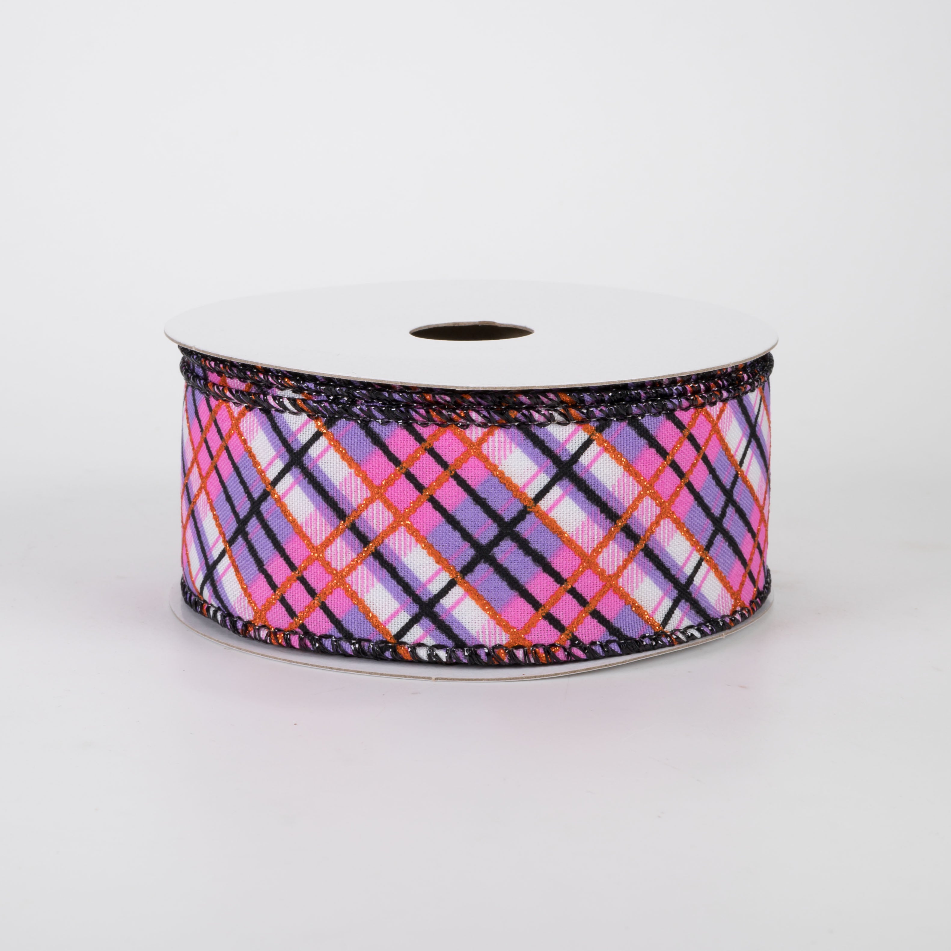 1.5" Busy Diagonal Plaid Ribbon: Pink, Lavender & Orange (10 Yards)