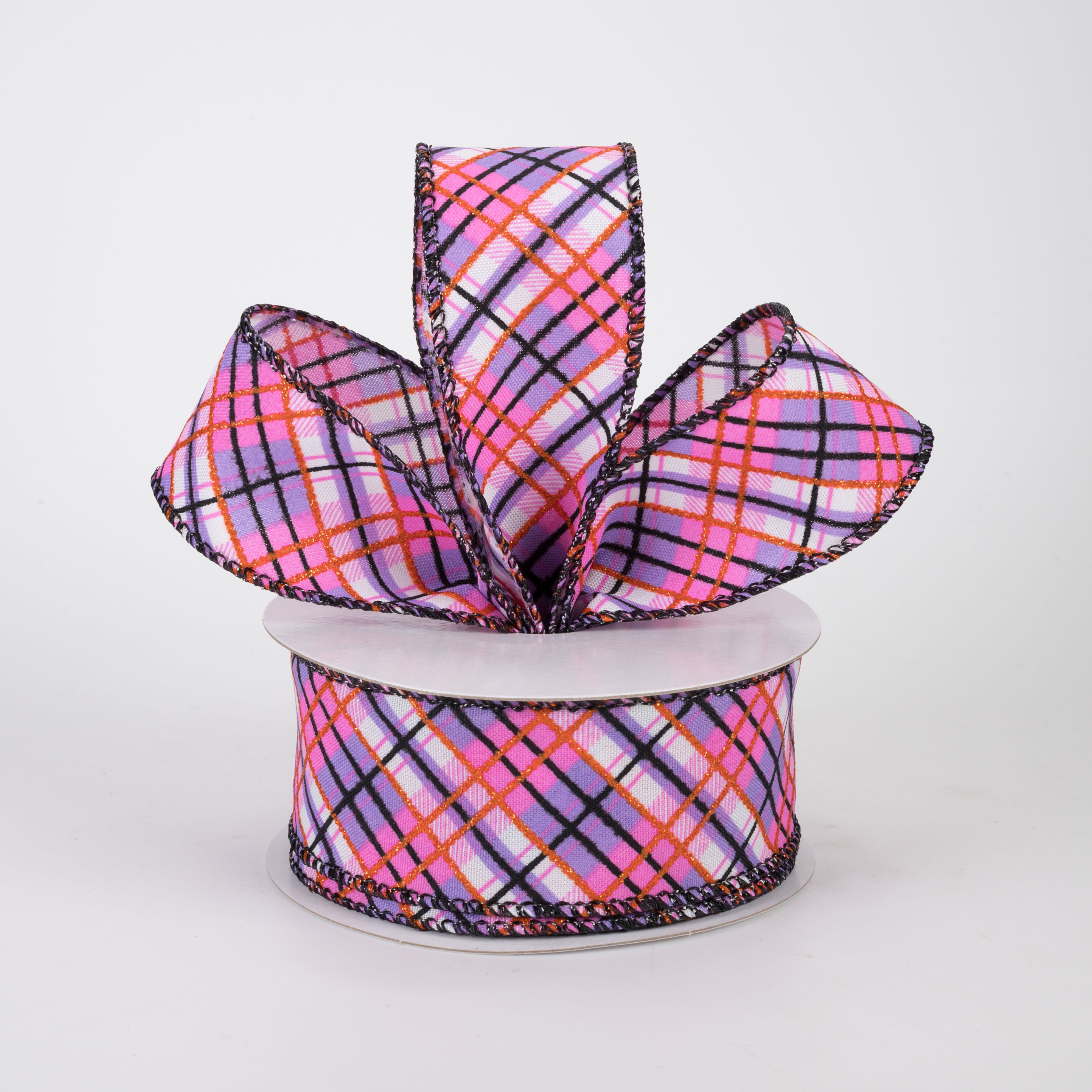 1.5" Busy Diagonal Plaid Ribbon: Pink, Lavender & Orange (10 Yards)