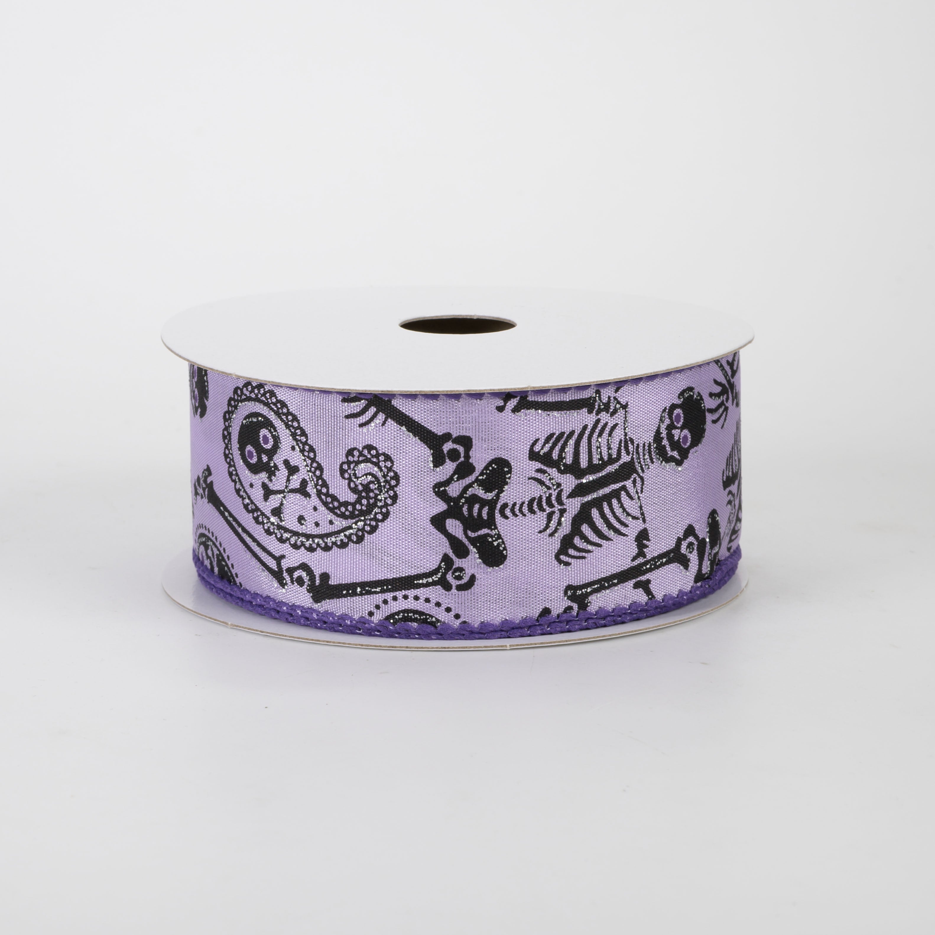 1.5" Skull & Bones Paisley Ribbon: Black on Lavender (10 Yards)