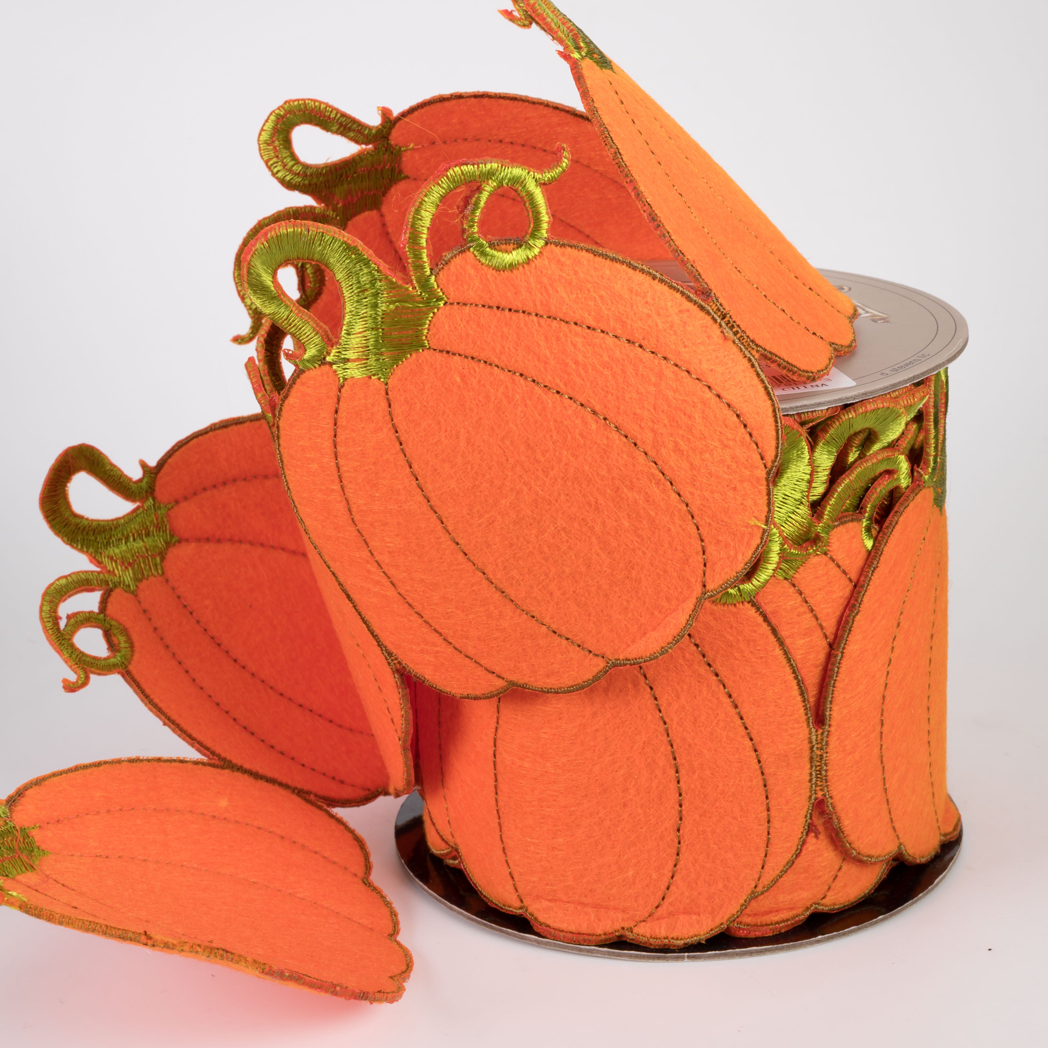 [D Stevens] 4" Unwired Embroidered Pumpkin Garland Ribbon (5 Yards)