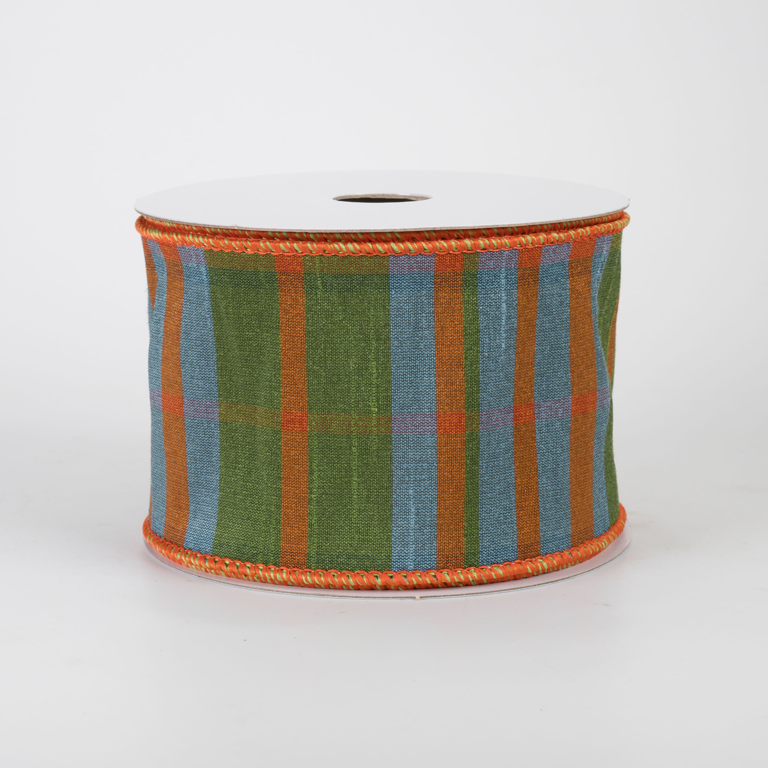 2.5" Faux Dupioni Plaid Ribbon: Moss, Orange & Smoke Blue (10 Yards)