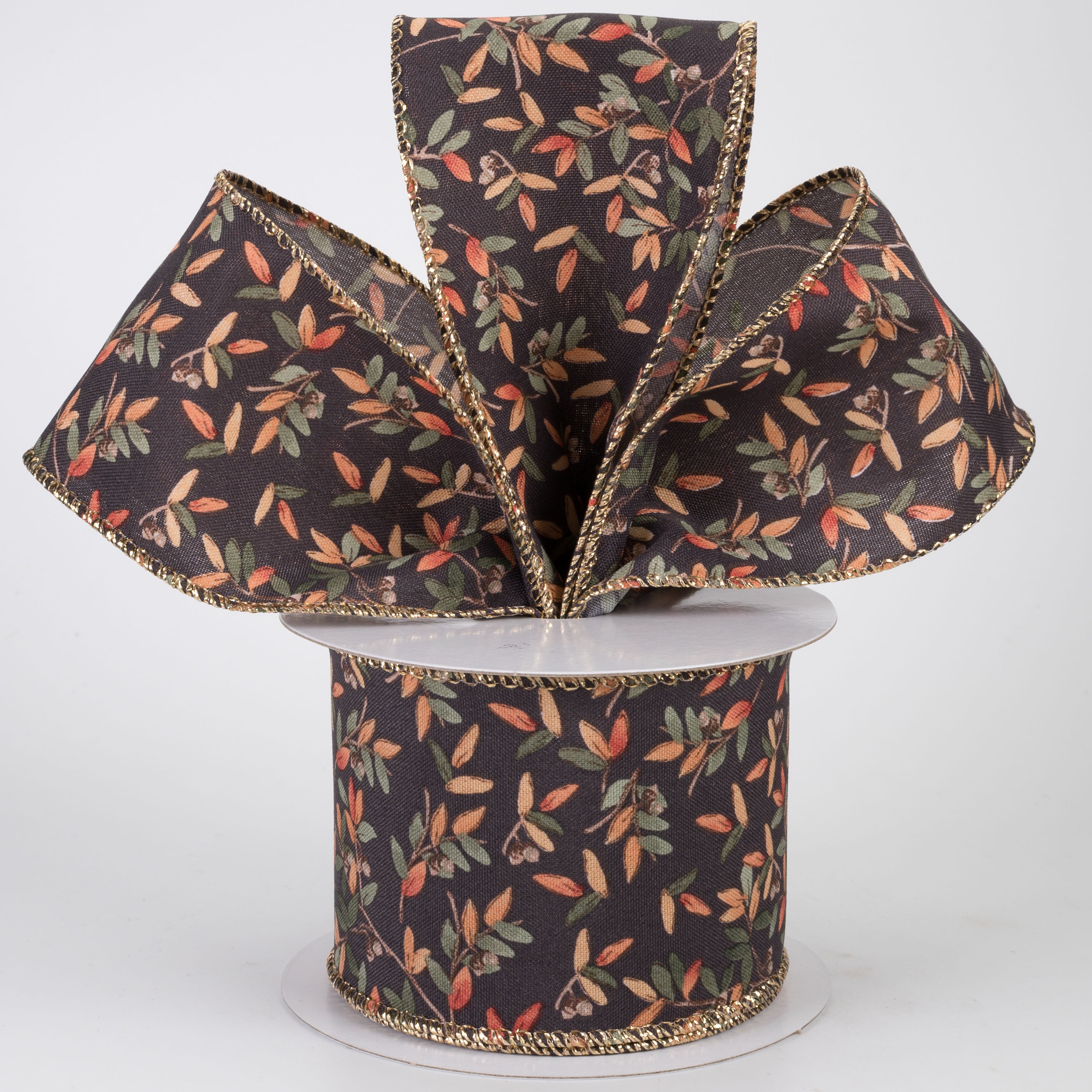 2.5" Metallic Tiny Fall Leaves Ribbon: Dark Brown (10 Yards)