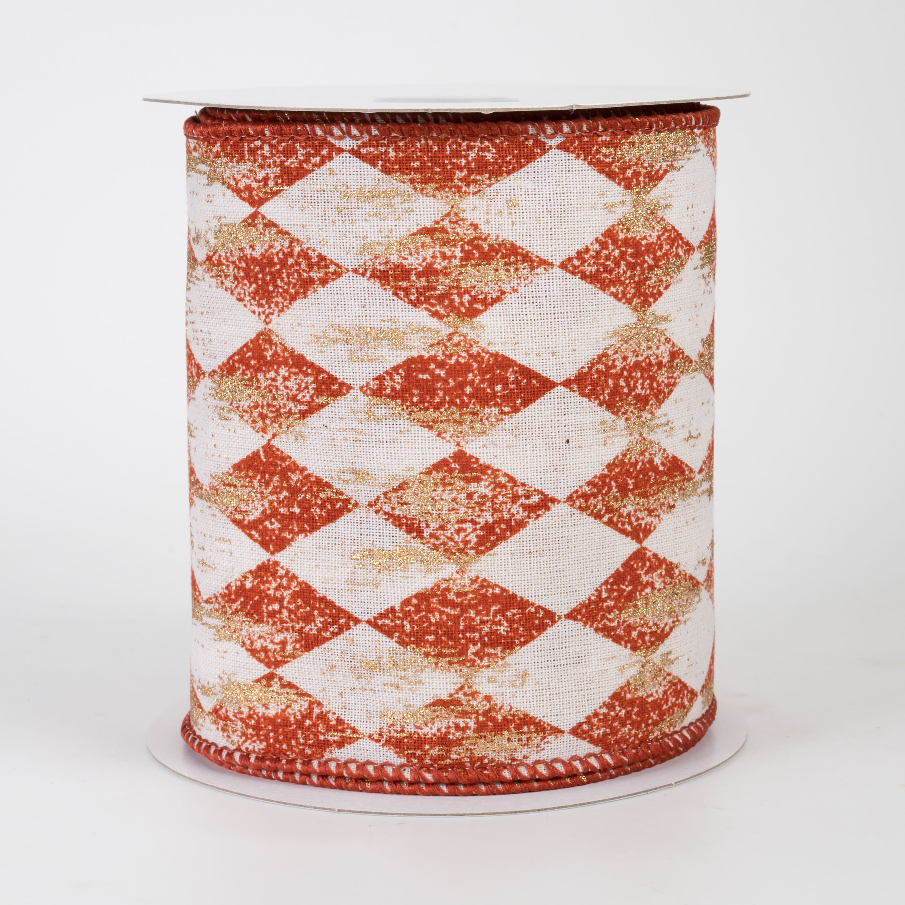 4" Canvas Harlequin Gold Painted Ribbon: Cream & Rust Orange (10 Yards)
