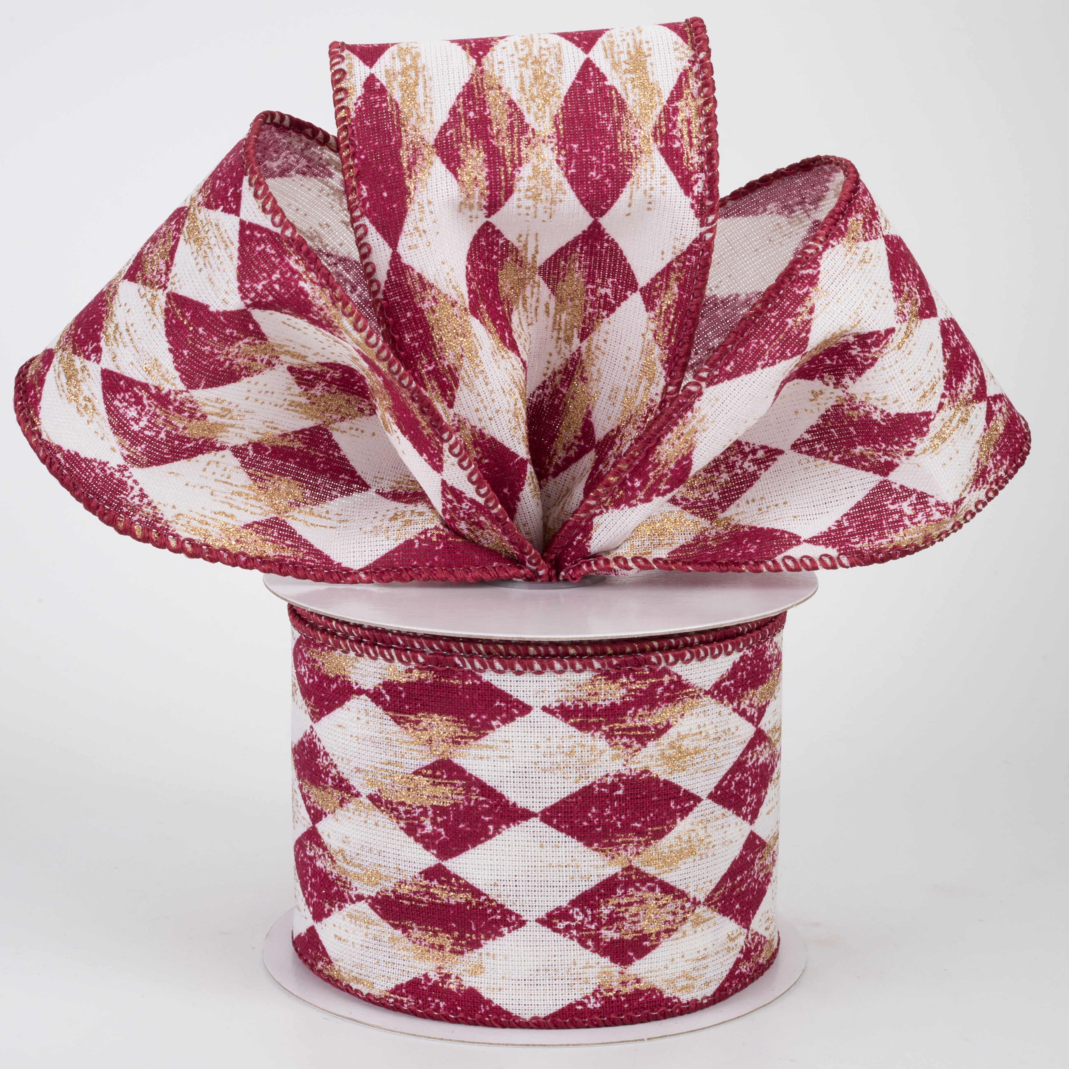 2.5" Canvas Harlequin Gold Painted Ribbon: Cream & Burgundy (10 Yards)