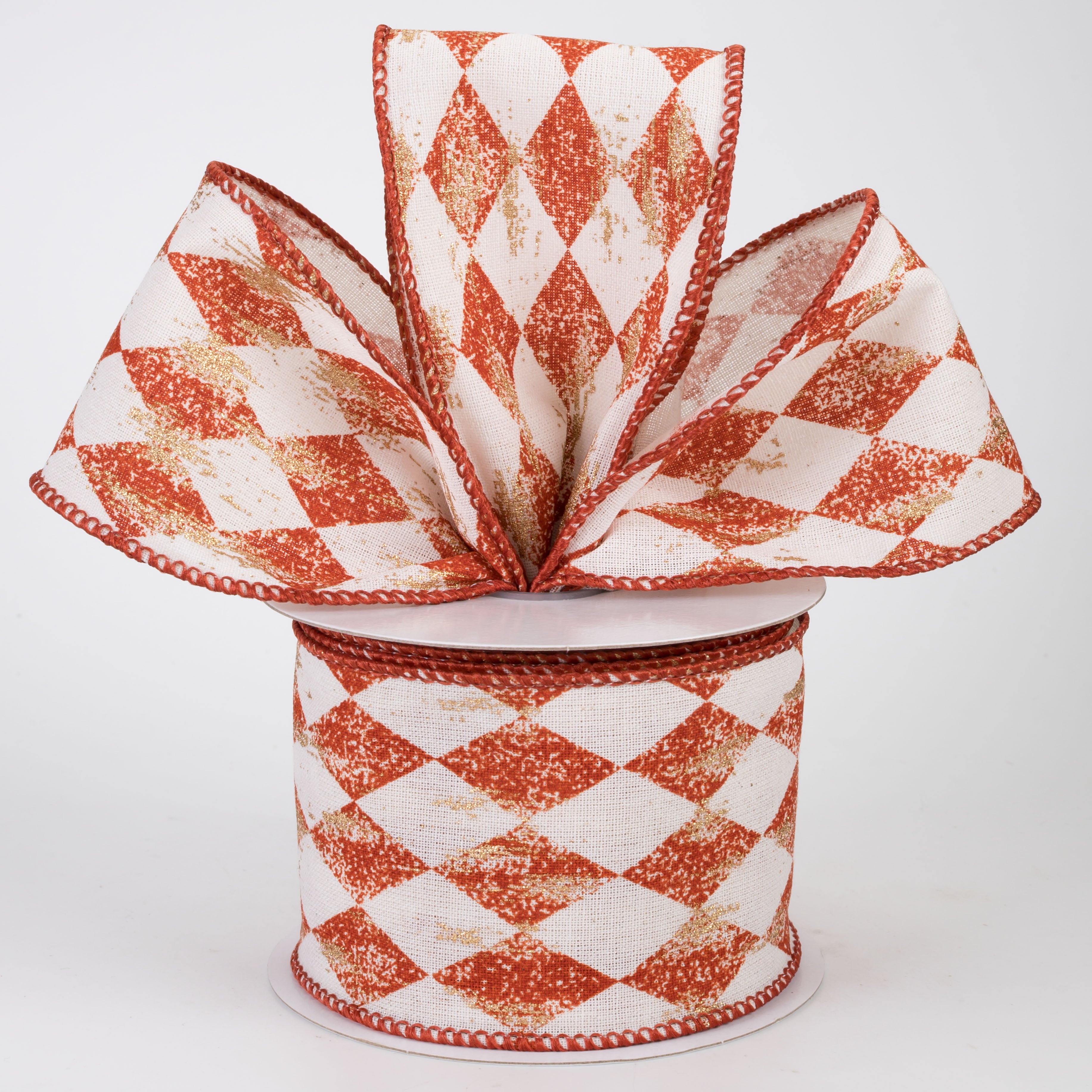 2.5" Canvas Harlequin Gold Painted Ribbon: Cream & Rust Orange (10 Yards)