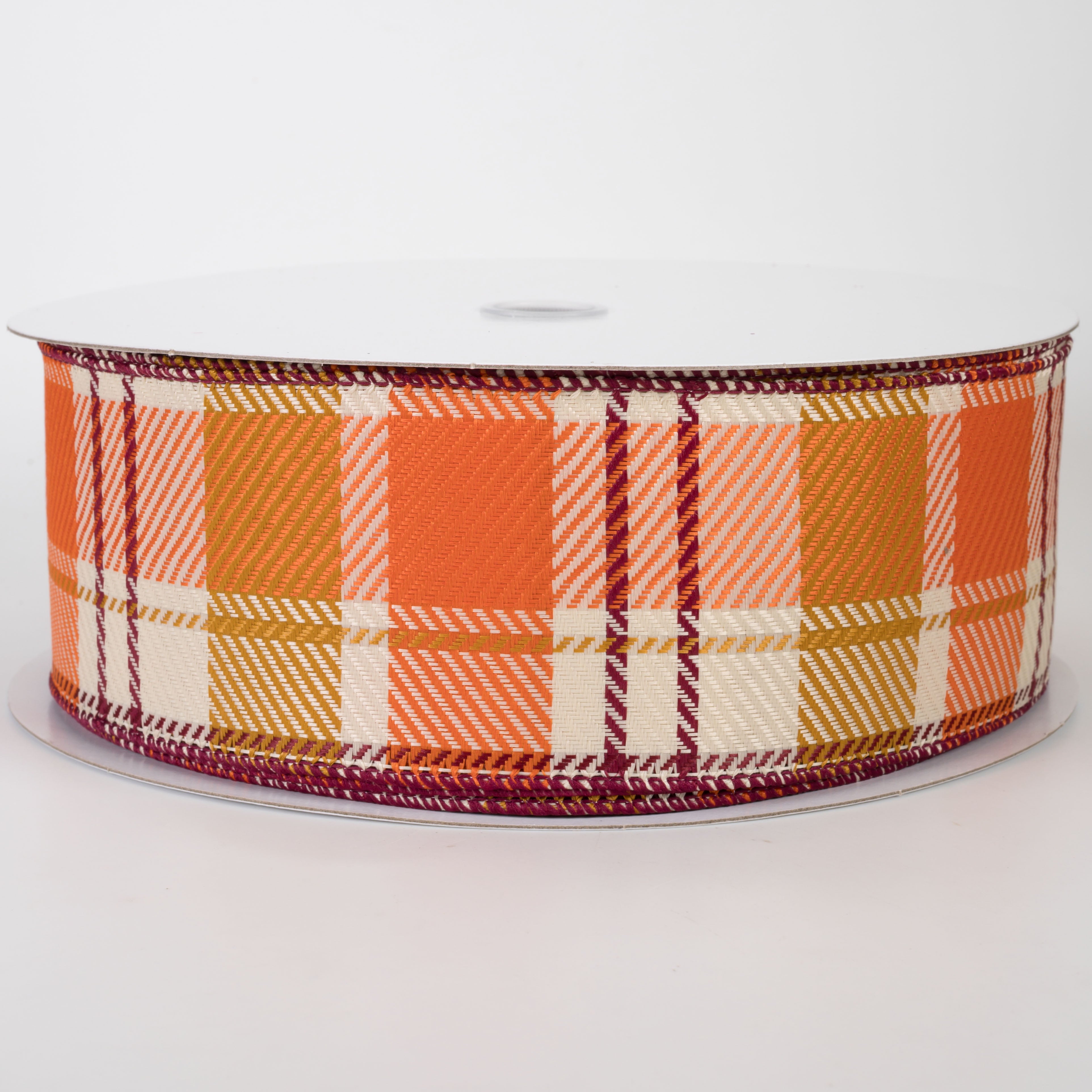 2.5" Bold Evan Fall Woven Plaid Ribbon: Sunflower & Burgundy (50 Yards)