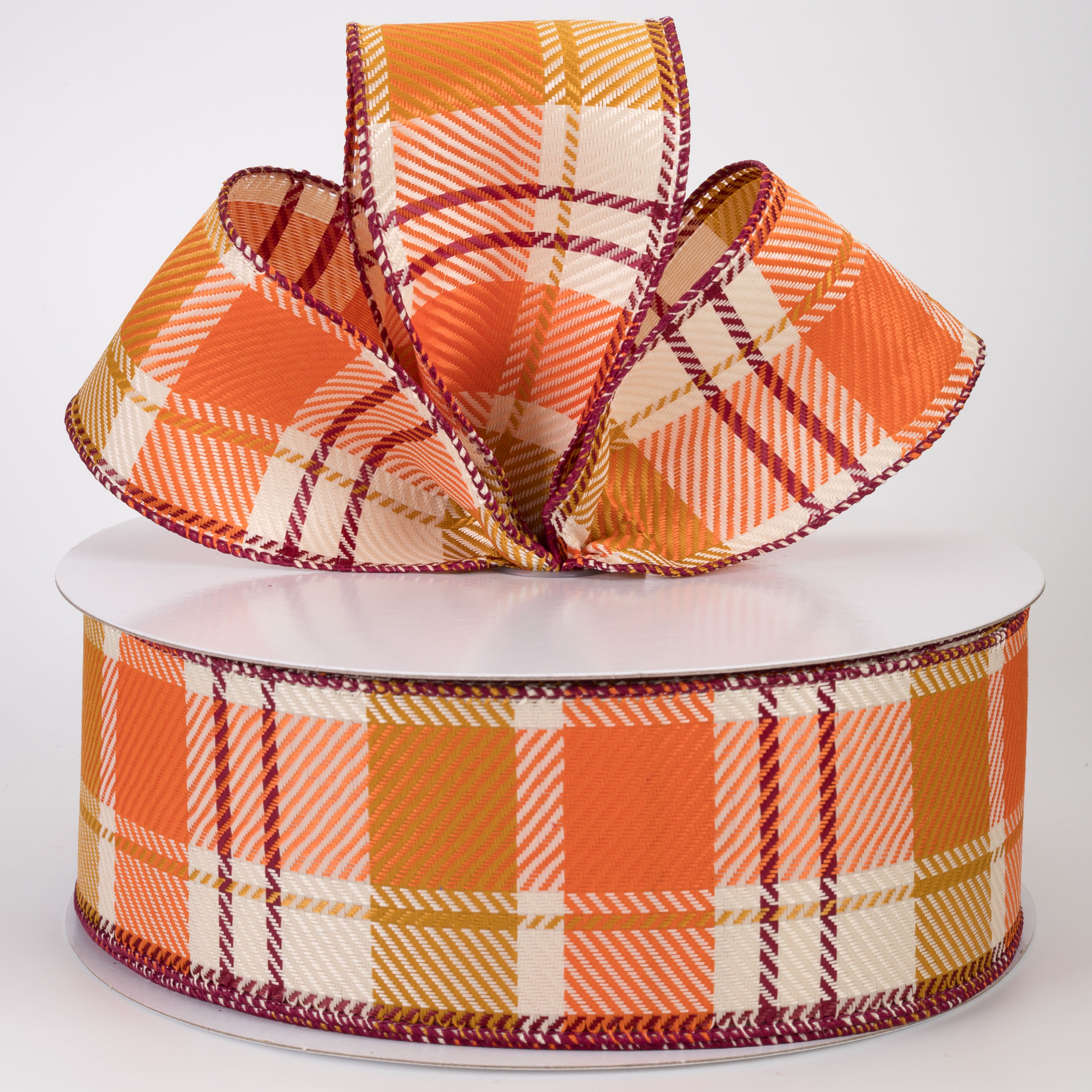 2.5" Bold Evan Fall Woven Plaid Ribbon: Sunflower & Burgundy (50 Yards)