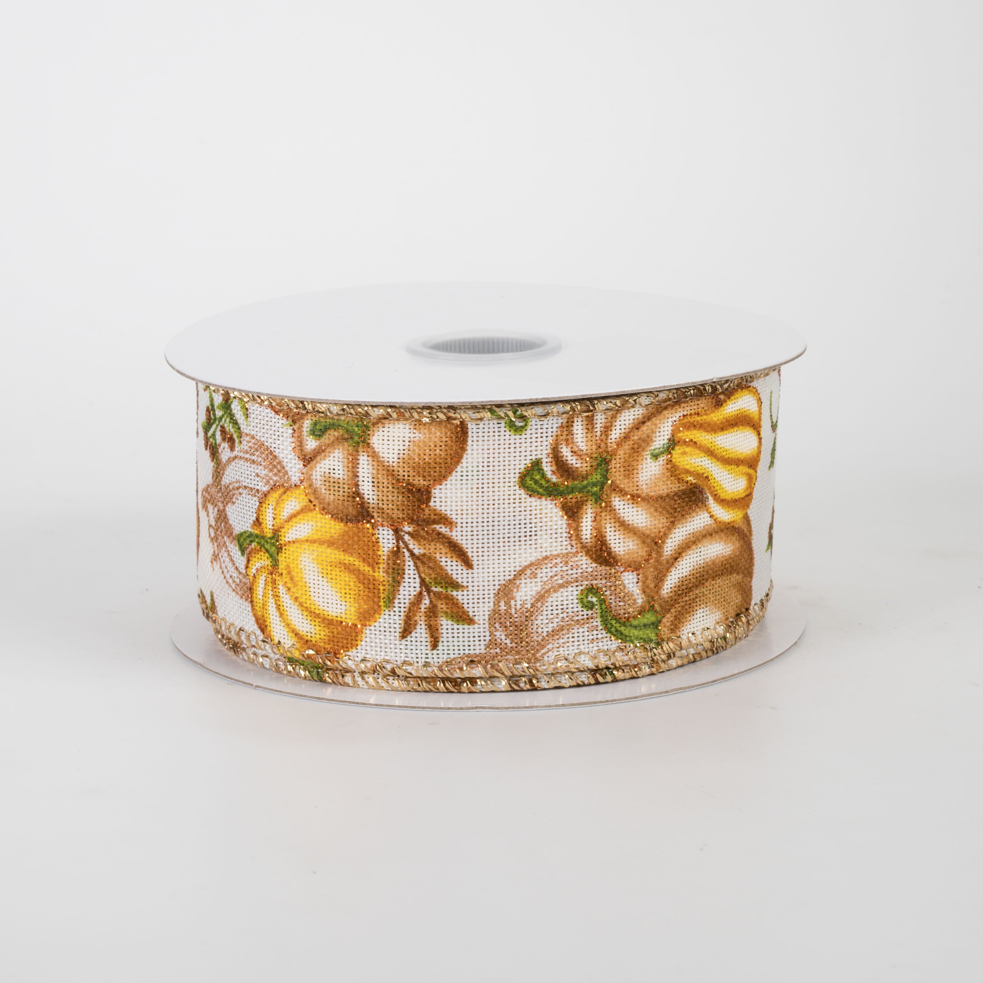 1.5" Yellow, Bronze & Gold Pumpkins Ribbon: Cream Linen (10 Yards)