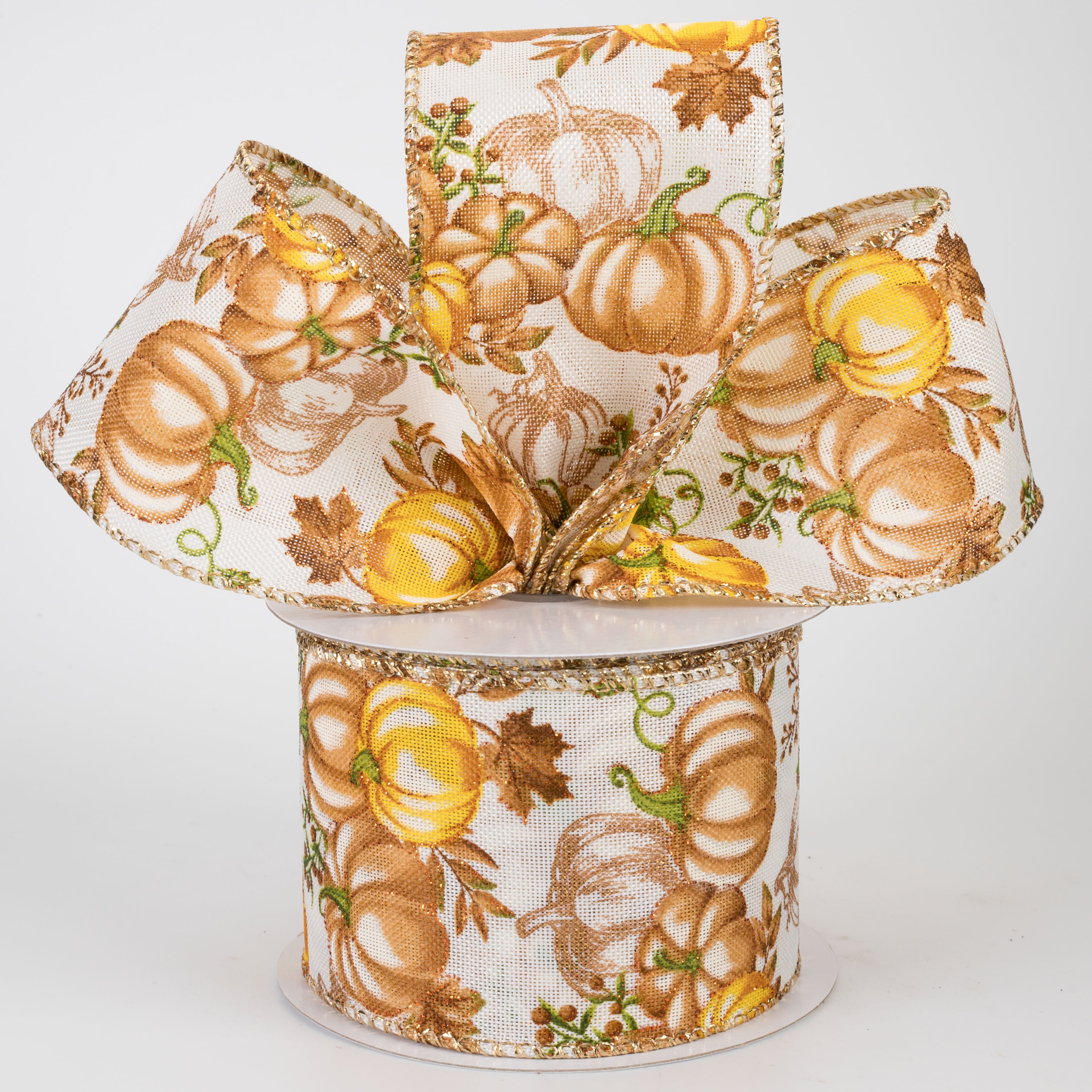 2.5" Yellow, Bronze & Gold Pumpkins Ribbon: Cream Linen (10 Yards)