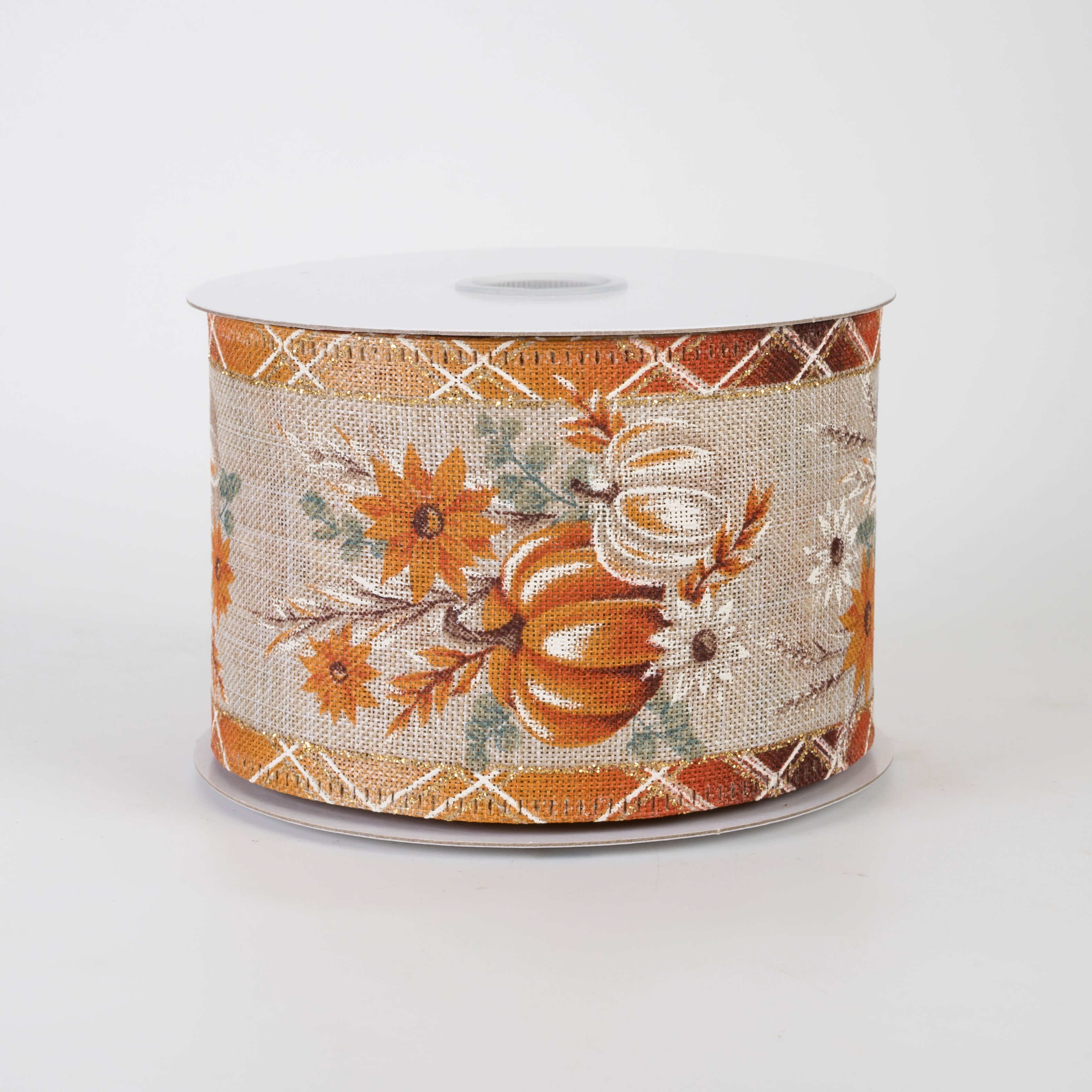 2.5" Pumpkins & Pampas Grass Plaid Edge Ribbon (10 Yards)
