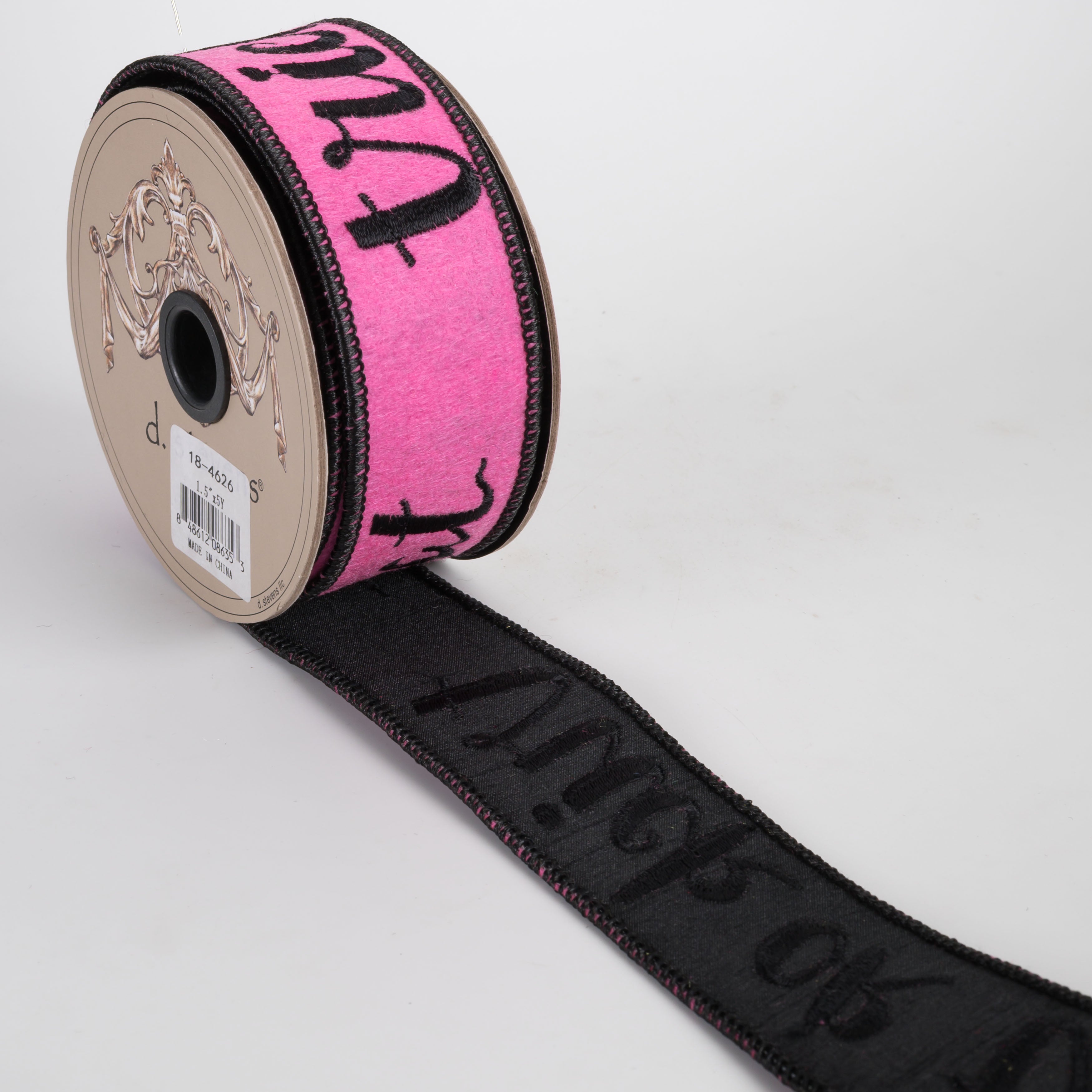 [D Stevens] 1.5" Felt Trick Or Treat Ribbon: Hot Pink & Black (5 Yards)