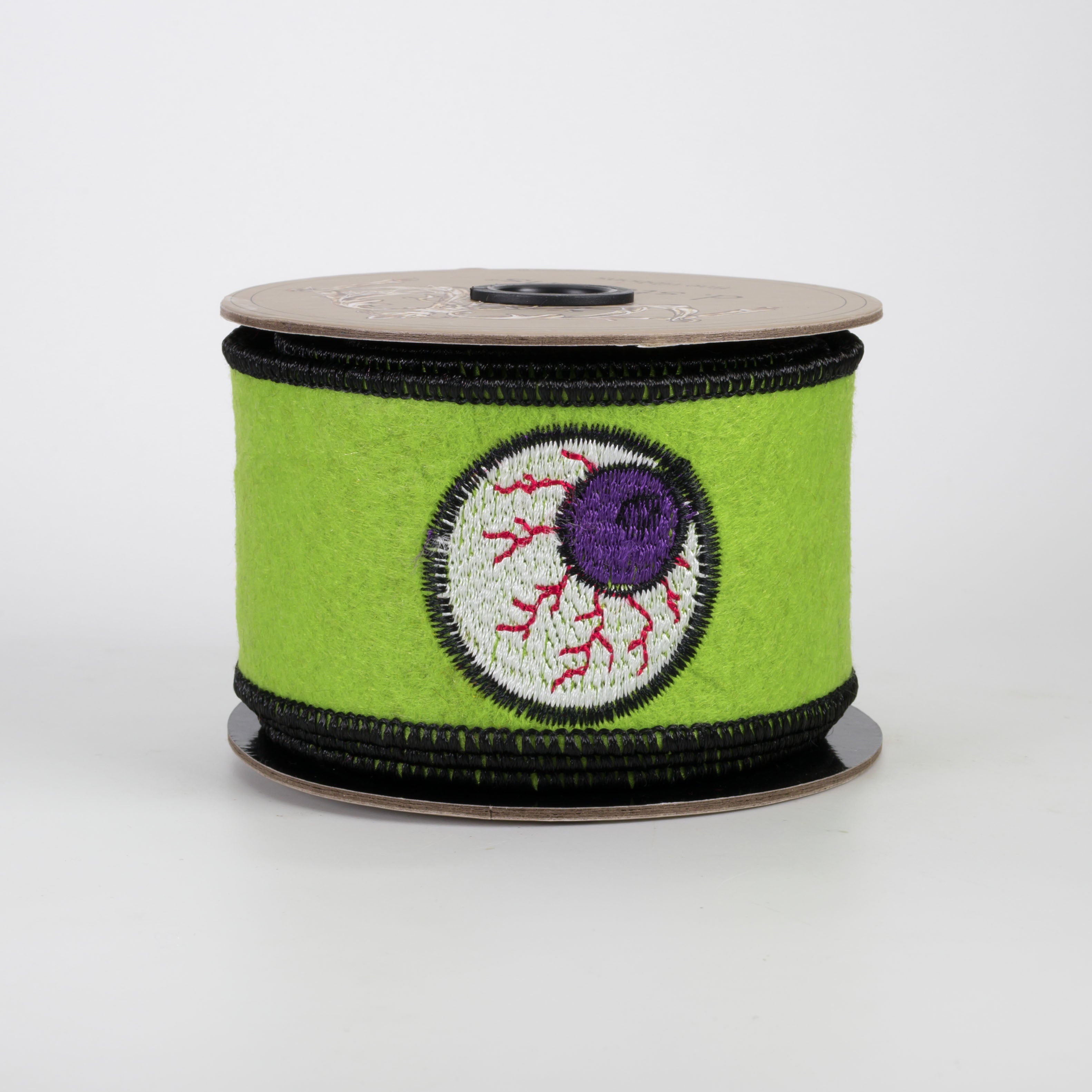 [D Stevens] 2" Felt Halloween Embroidered Eyeball Ribbon: Lime Green (5 Yards)